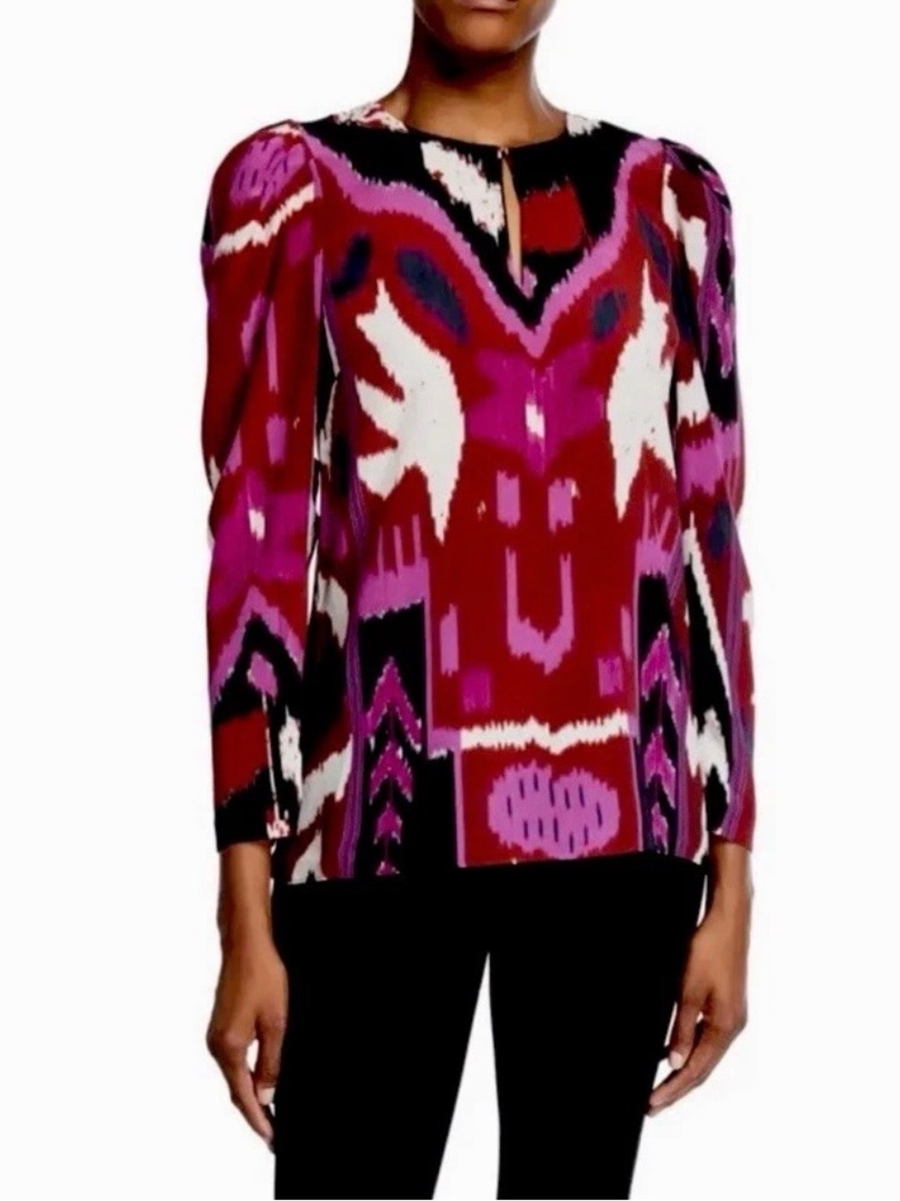 KOBI HALPERIN Catt Silk Blouse Sz S Abstract Print Top Burgundy Purple Boho Chic